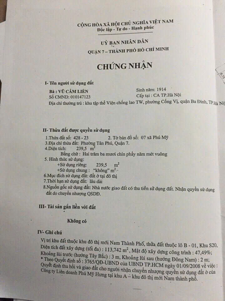 Bán đất B-01 khu Nam Thông 1 Phú Mỹ Hưng, Quận 7 lô góc đường lớn Tân Phú và đường 22 – 239.5m2 3